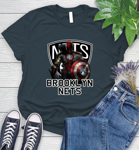 Brooklyn Nets NBA Basketball Captain America Thor Spider Man Hawkeye Avengers Women's T-Shirt 8