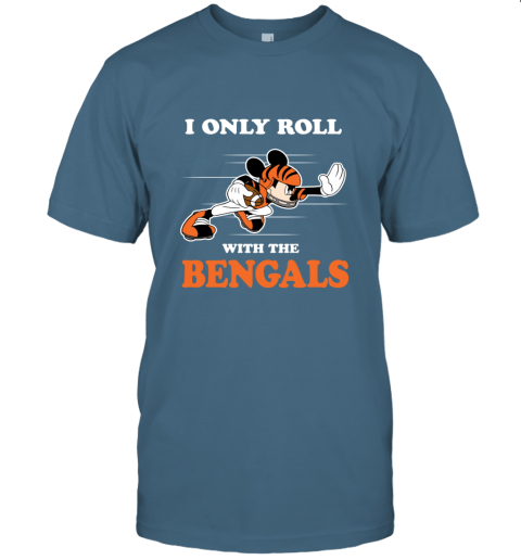 NFL Mickey Mouse I Only Roll With Cincinnati Bengals raww nfl mickey mouse i only roll with cincinnati benga classic t shirt 2 front indigo blue