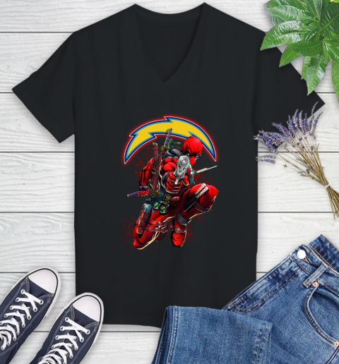 NFL Deadpool Marvel Comics Sports Football Los Angeles Chargers Women's V-Neck T-Shirt 2