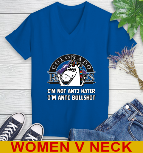 Colorado Rockies MLB Baseball Unicorn I'm Not Anti Hater I'm Anti Bullshit Women's V-Neck T-Shirt 11