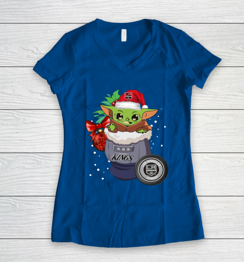 Los Angeles Kings Christmas Baby Yoda Star Wars Funny Happy NHL Women's V-Neck T-Shirt 9