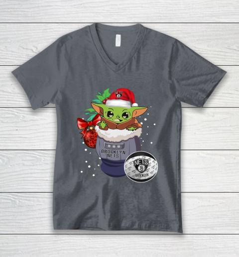 Brooklyn Nets Christmas Baby Yoda Star Wars Funny Happy NBA V-Neck T-Shirt 5
