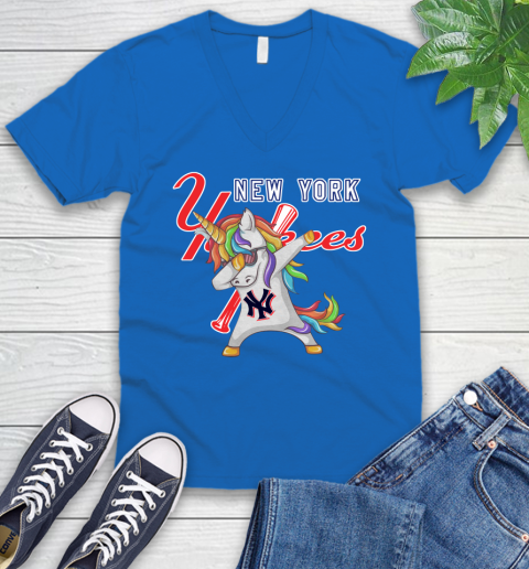 New York Yankees MLB Baseball Funny Unicorn Dabbing Sports V-Neck T-Shirt 6