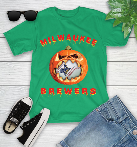MLB Milwaukee Brewers Halloween Pumpkin Baseball Sports Youth T-Shirt 6