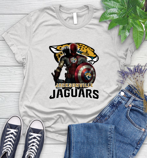 NFL Captain America Thor Spider Man Hawkeye Avengers Endgame Football Jacksonville Jaguars Women's T-Shirt