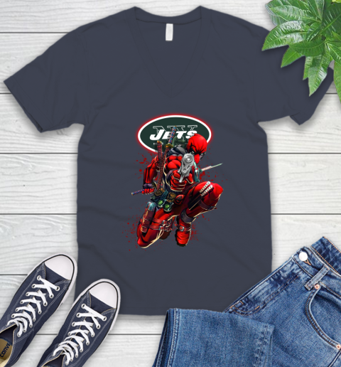 NFL Deadpool Marvel Comics Sports Football New York Jets V-Neck T-Shirt 9