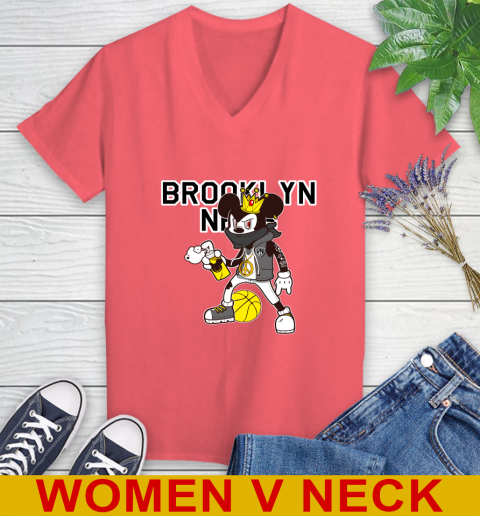 Brooklyn Nets NBA Basketball Mickey Peace Sign Sports Women's V-Neck T-Shirt 7