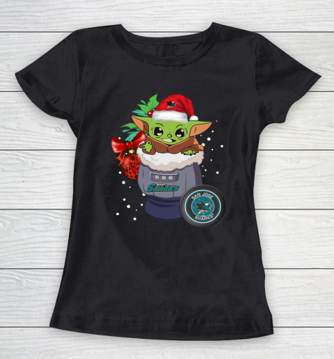 San Jose Sharks Christmas Baby Yoda Star Wars Funny Happy NHL Women's T-Shirt 2