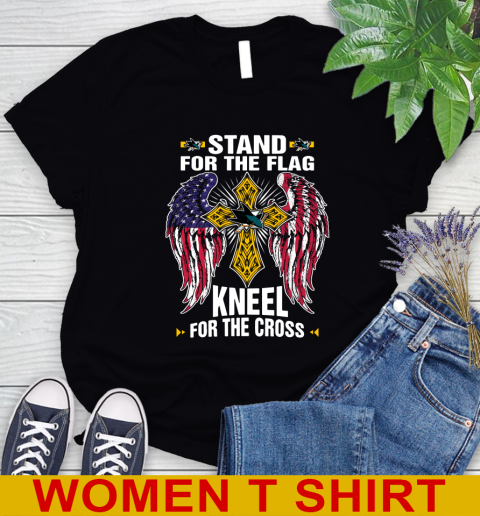 NHL Hockey San Jose Sharks Stand For Flag Kneel For The Cross Shirt Women's T-Shirt