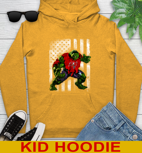 Tampa Bay Buccaneers Hulk Marvel Avengers NFL Football American Flag Youth Hoodie - Image 3