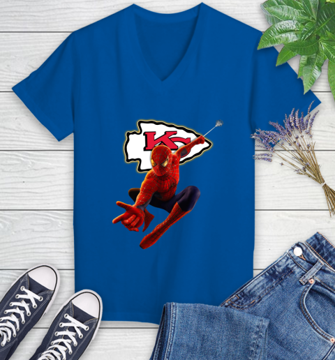 NFL Spider Man Avengers Endgame Football Kansas City Chiefs Women's V-Neck T-Shirt 10