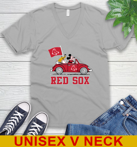 MLB Baseball Boston Red Sox Pluto Mickey Driving Disney Shirt V-Neck T-Shirt 4
