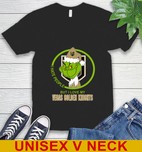 Vegas Golden Knights NHL Christmas Grinch I Hate People But I Love My Favorite Hockey Team V-Neck T-Shirt 2