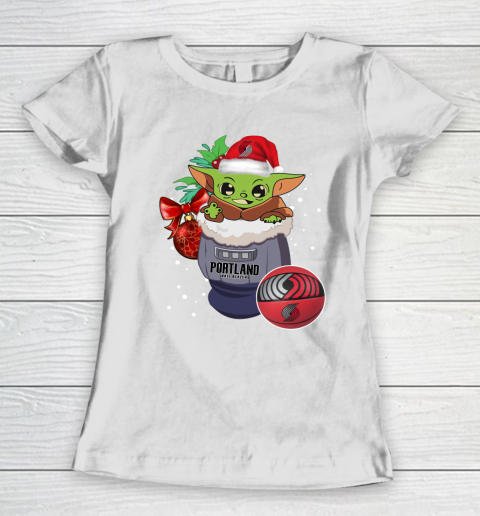 Portland Trail Blazers Christmas Baby Yoda Star Wars Funny Happy NBA Women's T-Shirt 3