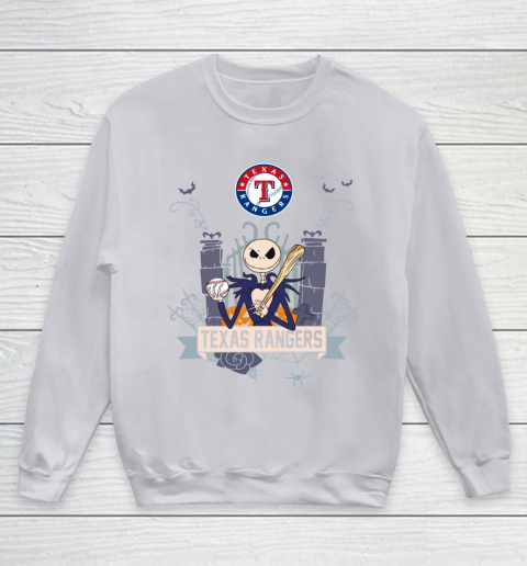 MLB Texas Rangers Baseball Jack Skellington Halloween Youth Sweatshirt 3