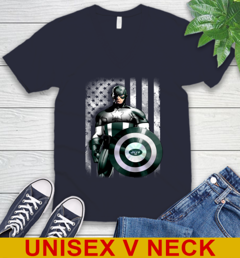 New York Jets NFL Football Captain America Marvel Avengers American Flag Shirt V-Neck T-Shirt 2