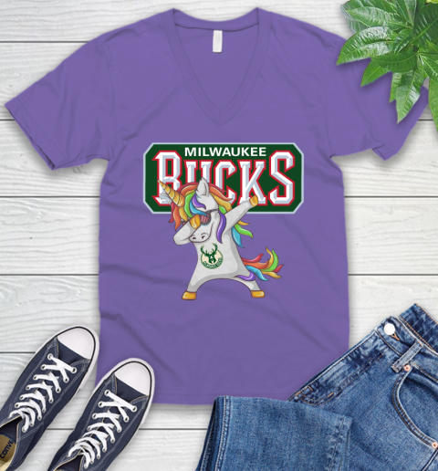 Milwaukee Bucks NBA Basketball Funny Unicorn Dabbing Sports V-Neck T-Shirt 10