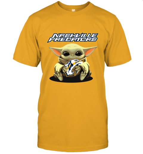 Baby Yoda Hugs The Nashville Predators Ice Hockey Unisex Jersey Tee