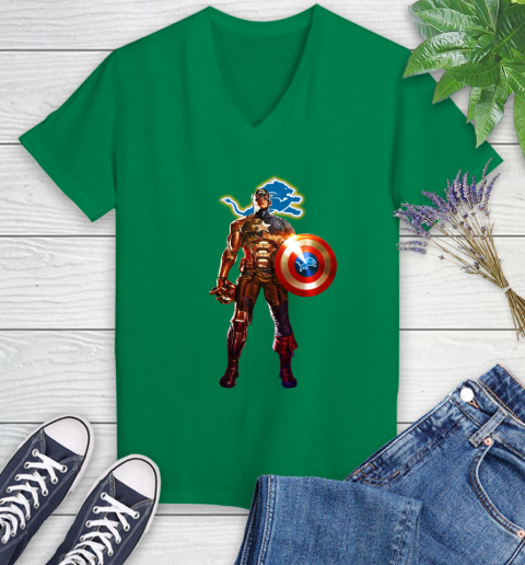 NFL Captain America Marvel Avengers Endgame Football Sports Detroit Lions Women's V-Neck T-Shirt 5