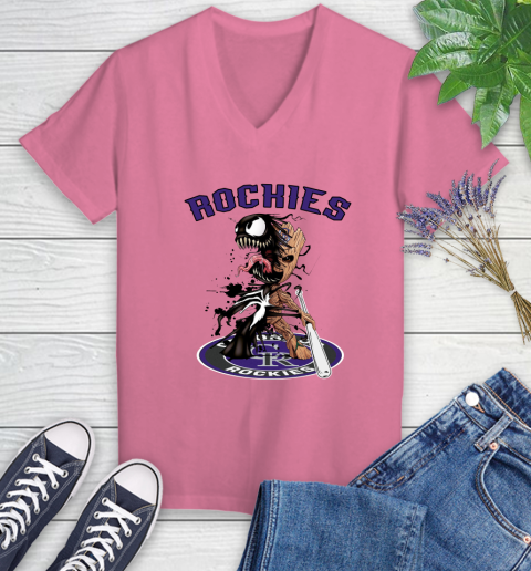 MLB Colorado Rockies Baseball Venom Groot Guardians Of The Galaxy Women's V-Neck T-Shirt 13