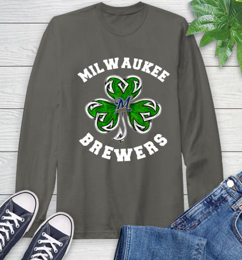 MLB Milwaukee Brewers Three Leaf Clover St Patrick's Day Baseball Sports Long Sleeve T-Shirt 9