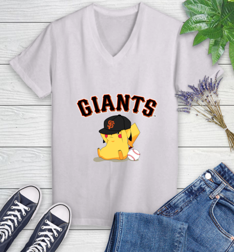 MLB Pikachu Baseball Sports San Francisco Giants Women's V-Neck T-Shirt