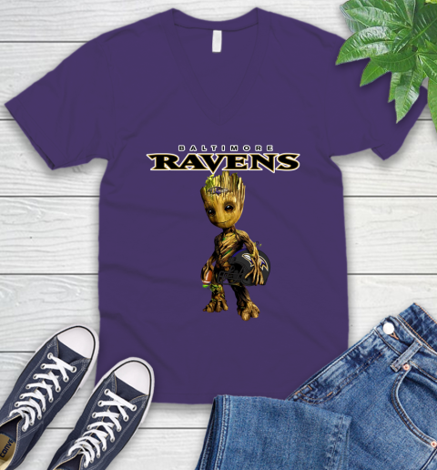 Baltimore Ravens NFL Football Groot Marvel Guardians Of The Galaxy V-Neck T-Shirt 10