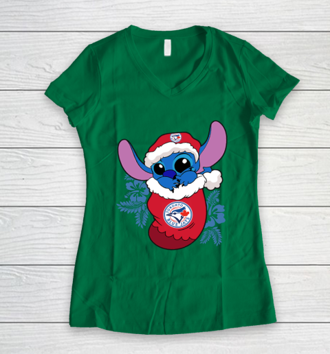 Toronto Blue Jays Christmas Stitch In The Sock Funny Disney MLB Women's V-Neck T-Shirt 5