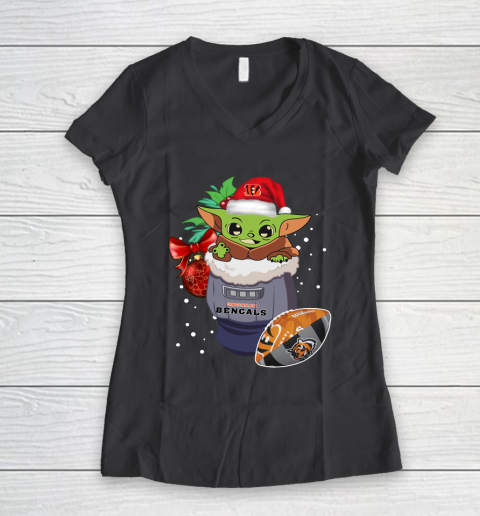 Cincinnati Bengals Christmas Baby Yoda Star Wars Funny Happy NFL Women's V-Neck T-Shirt 8