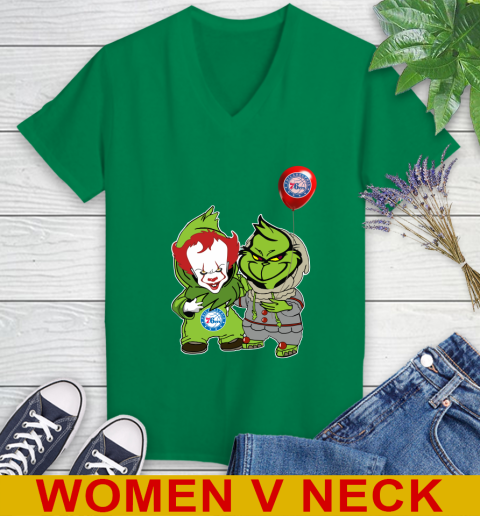 Philadelphia 76ers Baby Pennywise Grinch Christmas NBA Basketball Women's V-Neck T-Shirt 6