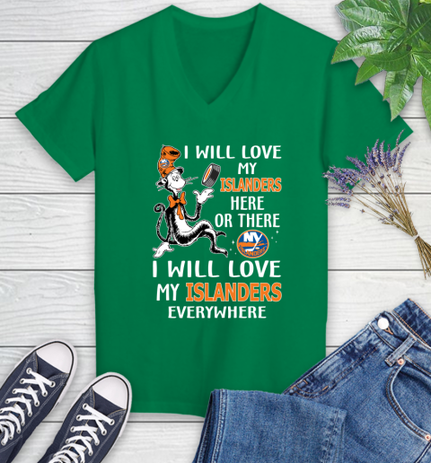 NHL Hockey New York Islanders I Will Love My Islanders Everywhere Dr Seuss Shirt Women's V-Neck T-Shirt 4