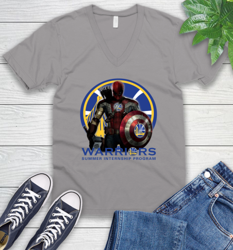 Golden State Warriors NBA Basketball Captain America Thor Spider Man Hawkeye Avengers V-Neck T-Shirt 4