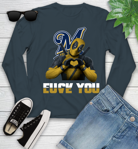 MLB Milwaukee Brewers Deadpool Love You Fuck You Baseball Sports Youth Long Sleeve 9