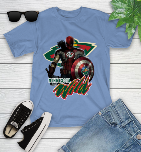 NHL Captain America Thor Spider Man Hawkeye Avengers Endgame Hockey Minnesota Wild Youth T-Shirt 11