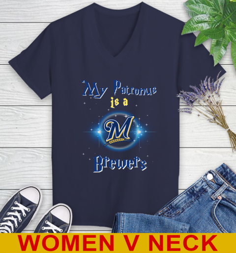 MLB Baseball Harry Potter My Patronus Is A Milwaukee Brewers Women's V-Neck T-Shirt 12