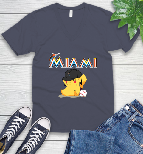 MLB Pikachu Baseball Sports Miami Marlins V-Neck T-Shirt 8