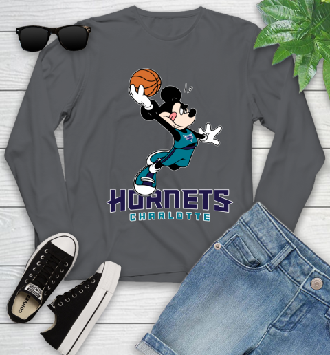 NBA Basketball Charlotte Hornets Cheerful Mickey Mouse Shirt Youth Long Sleeve 8