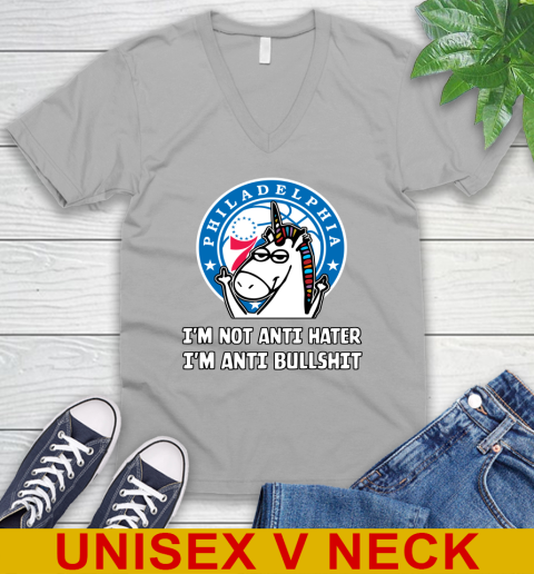 Philadelphia 76ers NBA Basketball Unicorn I'm Not Anti Hater I'm Anti Bullshit V-Neck T-Shirt 4