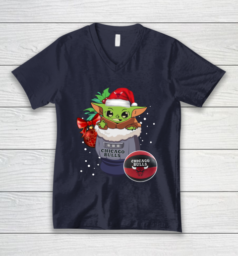Chicago Bulls Christmas Baby Yoda Star Wars Funny Happy NBA V-Neck T-Shirt 3