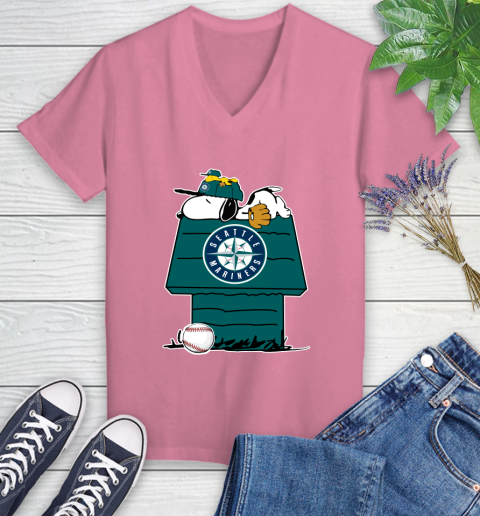 MLB Seattle Mariners Snoopy Woodstock The Peanuts Movie Baseball T Shirt Women's V-Neck T-Shirt 13