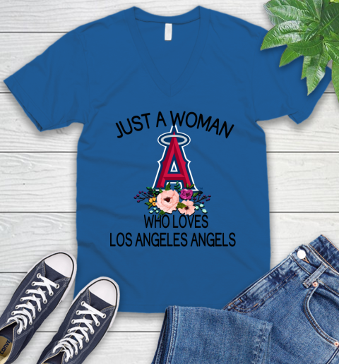 MLB Just A Woman Who Loves Los Angeles Angels Baseball Sports V-Neck T-Shirt 3