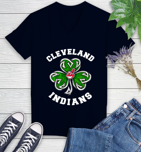 MLB Cleveland Indians Three Leaf Clover St Patrick's Day Baseball Sports Women's V-Neck T-Shirt 2