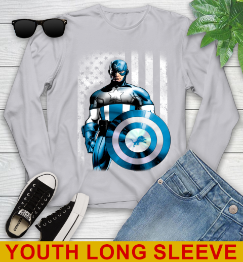 Detroit Lions NFL Football Captain America Marvel Avengers American Flag Shirt Youth Long Sleeve 5