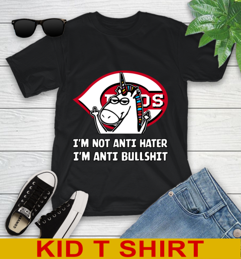 Cincinnati Reds MLB Baseball Unicorn I'm Not Anti Hater I'm Anti Bullshit Youth T-Shirt 2
