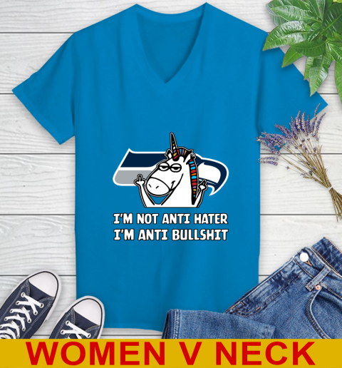Seattle Seahawks NFL Football Unicorn I'm Not Anti Hater I'm Anti Bullshit Women's V-Neck T-Shirt 8