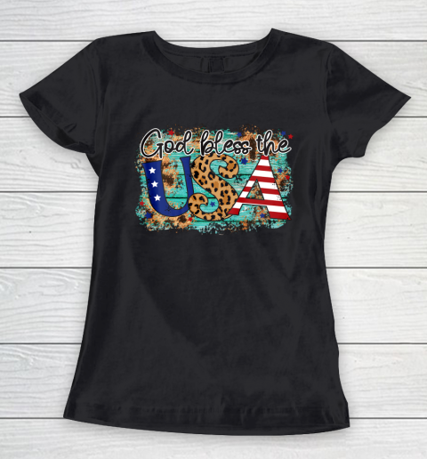 God Bless the USA Stars Stripes and Leopard Print Women's T-Shirt
