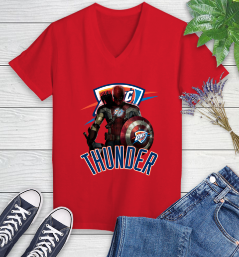 Oklahoma City Thunder NBA Basketball Captain America Thor Spider Man Hawkeye Avengers Women's V-Neck T-Shirt 12