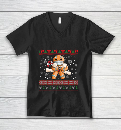Gingerbread Face Mask Christmas 2020 Quarantine Pajamas Gift V-Neck T-Shirt