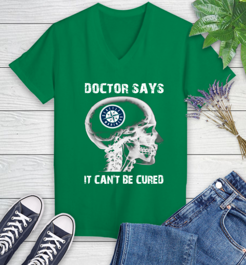 MLB Seattle Mariners Baseball Skull It Can't Be Cured Shirt Women's V-Neck T-Shirt 4