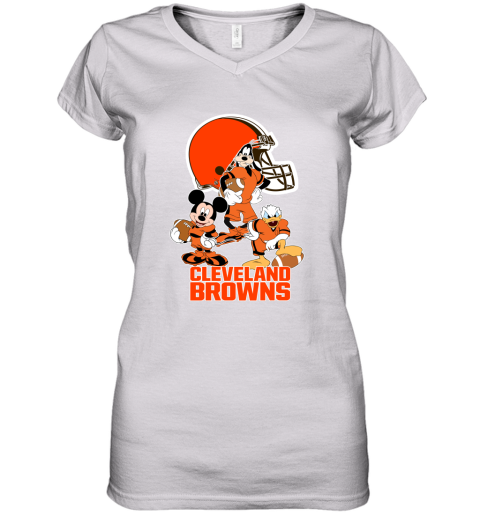 Mickey Donald Goofy The Three Cleveland Browns Football Women's V-Neck T-Shirt
